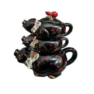 Redware Stacking Black Pig Teapot Creamer and Sugar JAPAN Tea for One